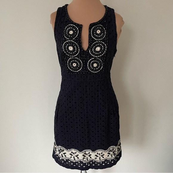 CALYPSO ST BARTH Navy Blue Eyelet Crochet Lace Bead Embellished Cotton Dress XS